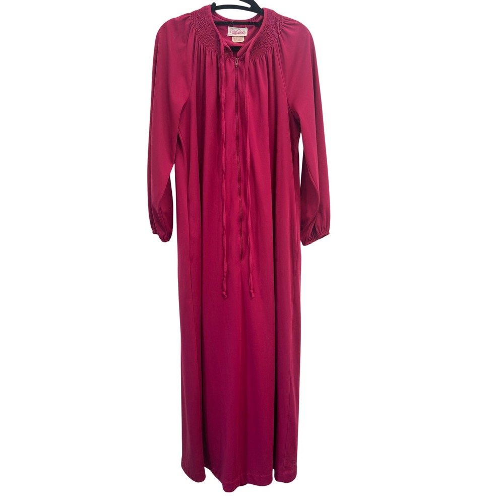 Evelyn Pearson Vintage Robe 70s Magenta Pink Tricot Zip Front Tie Neck Maxi